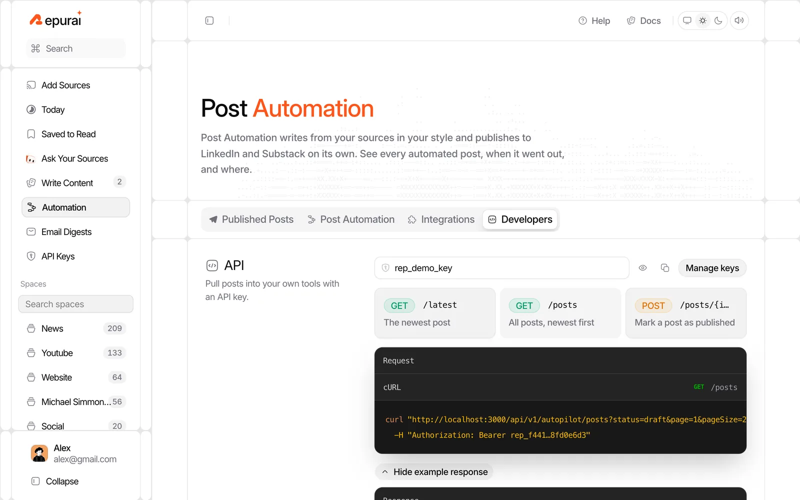 Repurai Developers tab showing API endpoints and an example request for integrations.