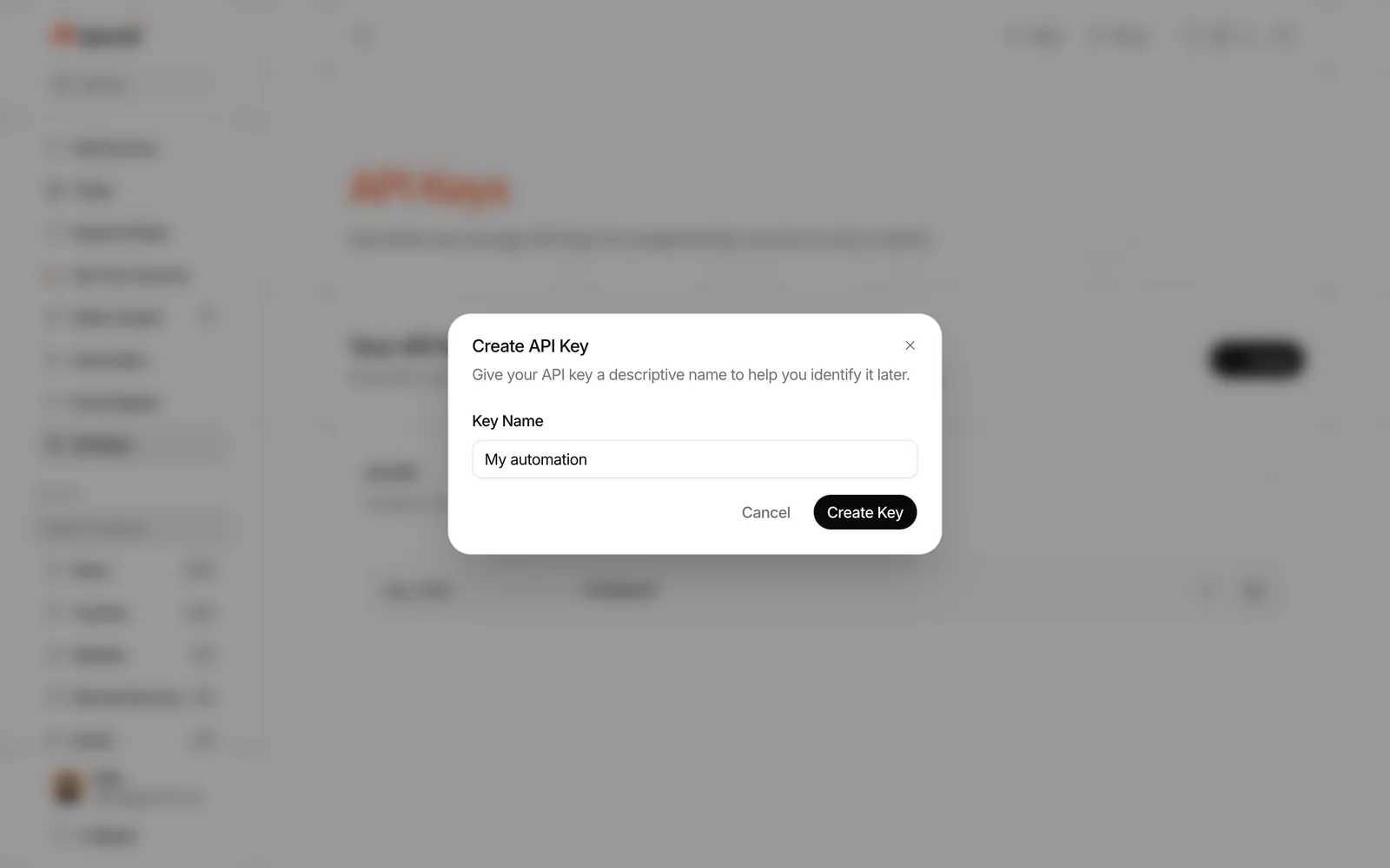 Repurai dialog for creating a named API key
