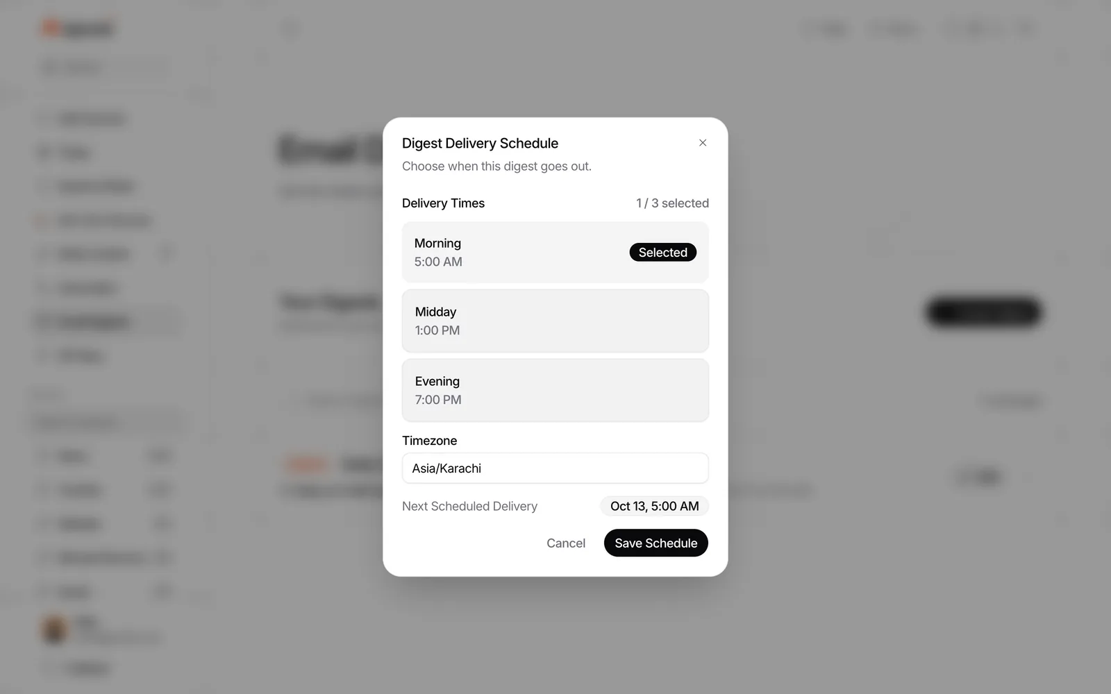 Repurai digest schedule screen showing daily delivery times and timezone options