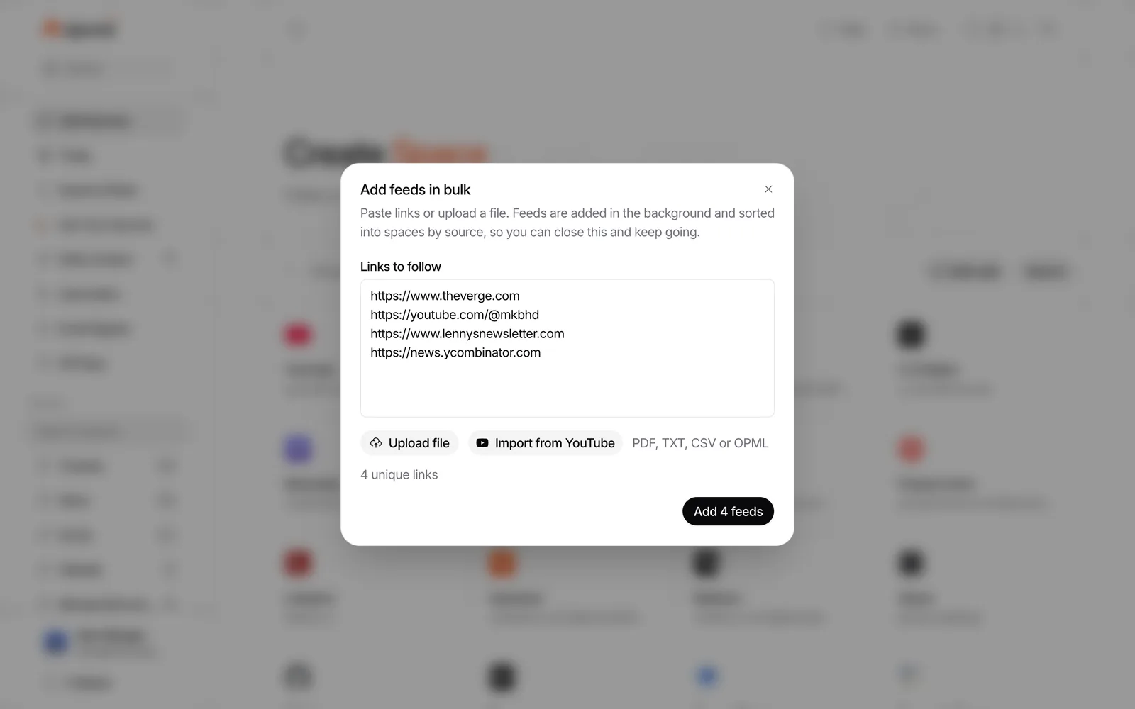 Repurai bulk add dialog with several source links pasted and import options visible