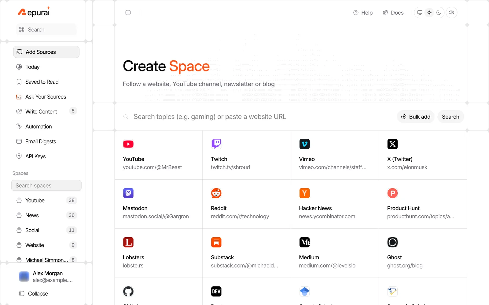 Repurai Create Space screen with a search box for a topic or website link and source shortcuts