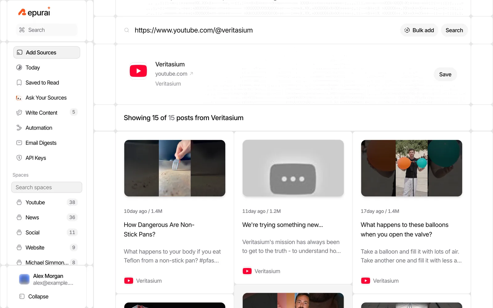 Repurai showing a pasted YouTube channel URL with recent videos previewed before following the channel