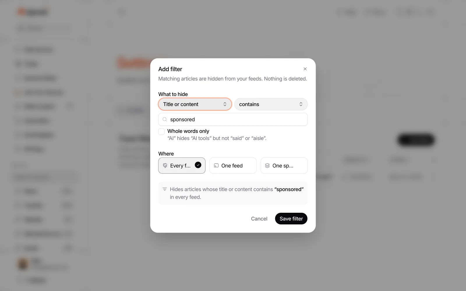 Repurai add filter dialog for hiding posts whose title or content contains a chosen word