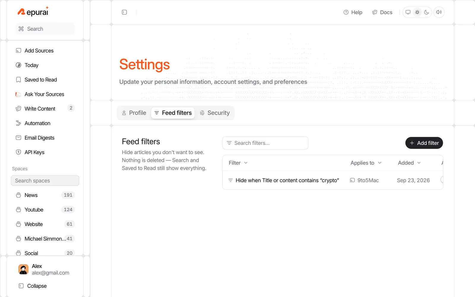 Repurai feed filters settings with a rule hiding posts by keyword