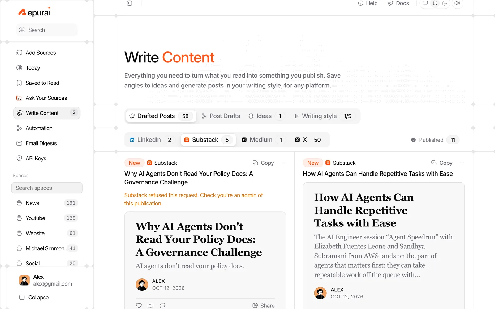 Repurai Write Content filtered to Substack, showing newsletter-style drafts with headlines